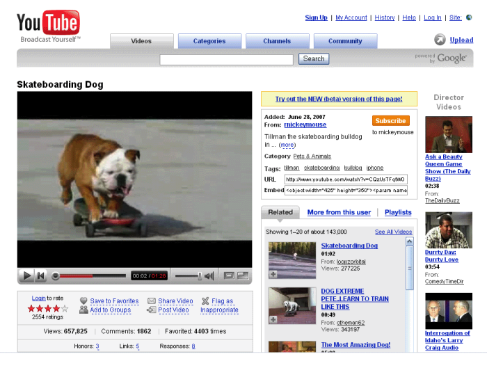 YouTube video page in 2007